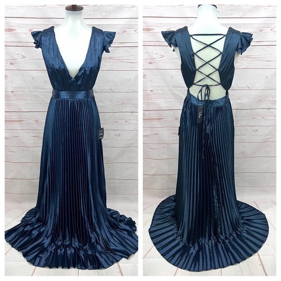 Lulu's Navy Satin Pleated Maxi Dress with Lace-Up Back - Picture 4 of 13